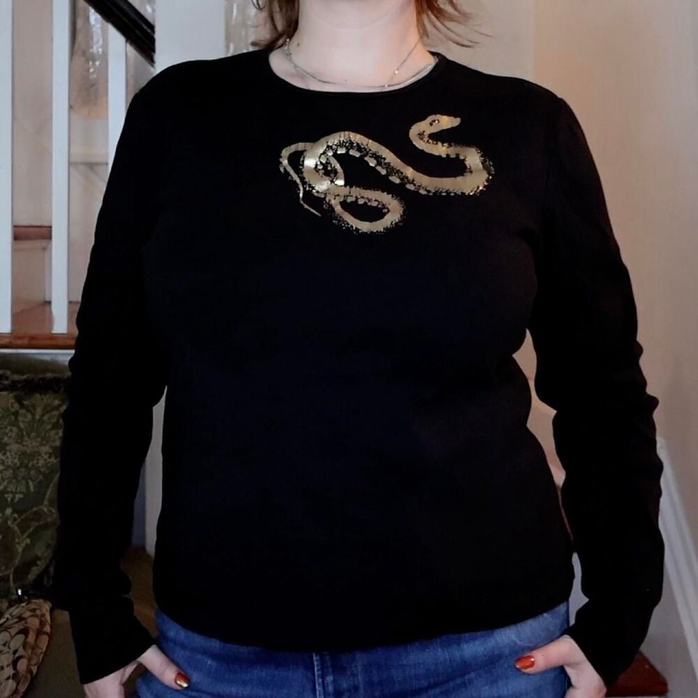 Y2K Snake Gap Black Long Sleeve Shirt 100% Cotton Rhinestone Gold Metallic Sz L